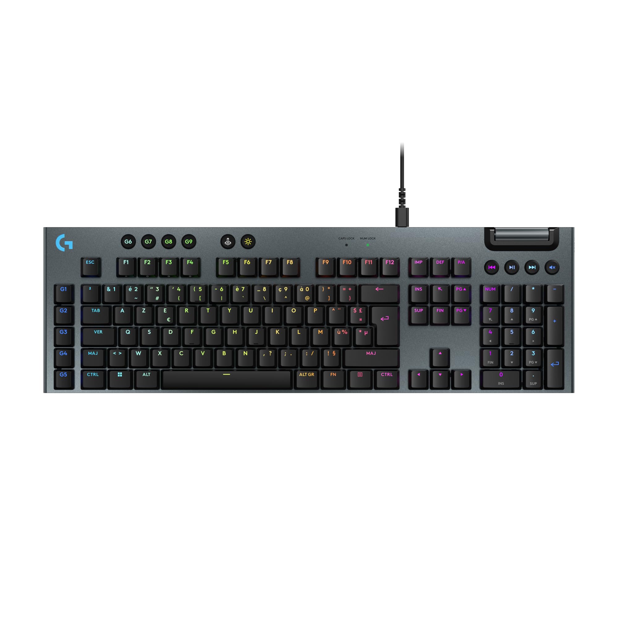 Logitech G G915 X Clavier Gaming mécanique Filaire Ultra-Plat, Touches PBT Double Couche, Touches entièrement programmables, éclairage RVB, switchs GL Brown Tactile, PC/Mac, Clavier FRA AZERTY - Noir