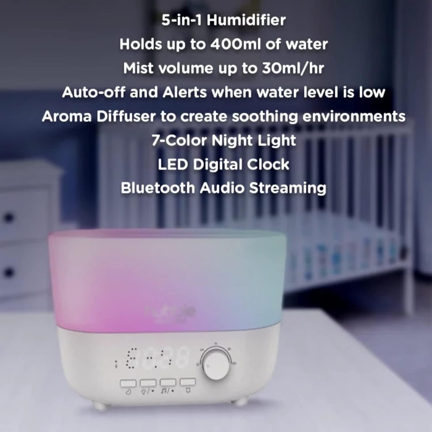 Umidificatore da Tavolo Umidificatori Umidificatore 5 in 1 con diffusore Altoparlante Luce Notturna e Orologio Umidificatore for Camera da Letto