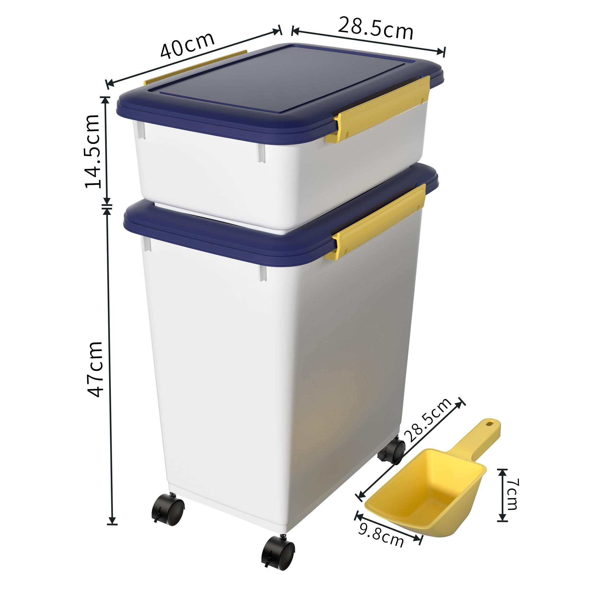 Cetomo Pojemnik na karmę dla psów, hermetyczny, z kółkami, uszczelką silikonową i zatrzaskami, plastikowy pojemnik z pokrywką dla psa, biały, 10 l + 32 l, 3,5 kg + 12 kg (1 łopata)
