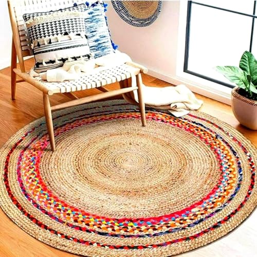 VAKAR-TUNDA Jute Carpet for Living Room, Bedroom Rug, Hallway and Entryway Mat, Handwoven Area Rug for Interior Styling and Room Décor (4'x4' Feet, Jute Chindi Design)