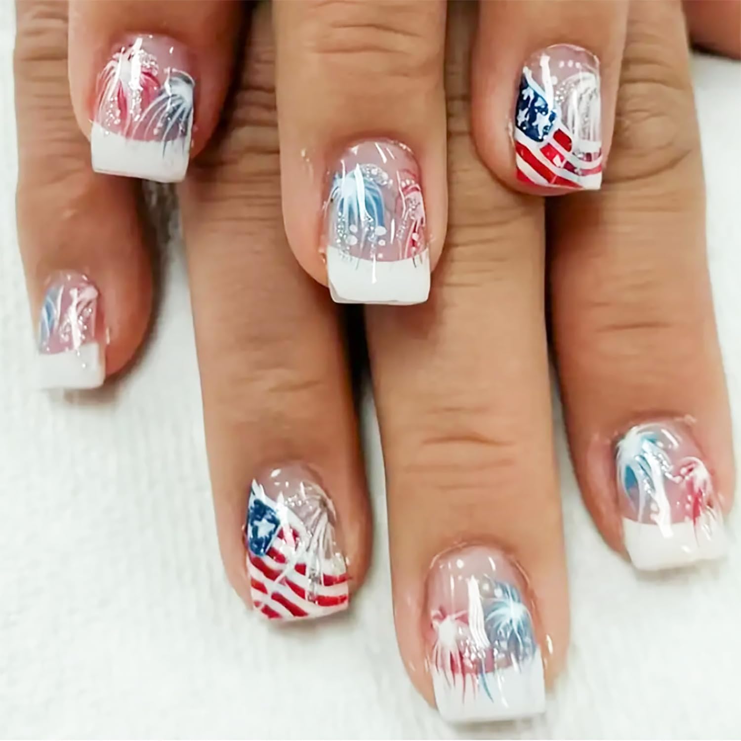 24Pcs 4th of July Press on Nails Short Square White French Tip Fake Nails with American Flag Designs Independence Day Acrylic Nails Patriotic False