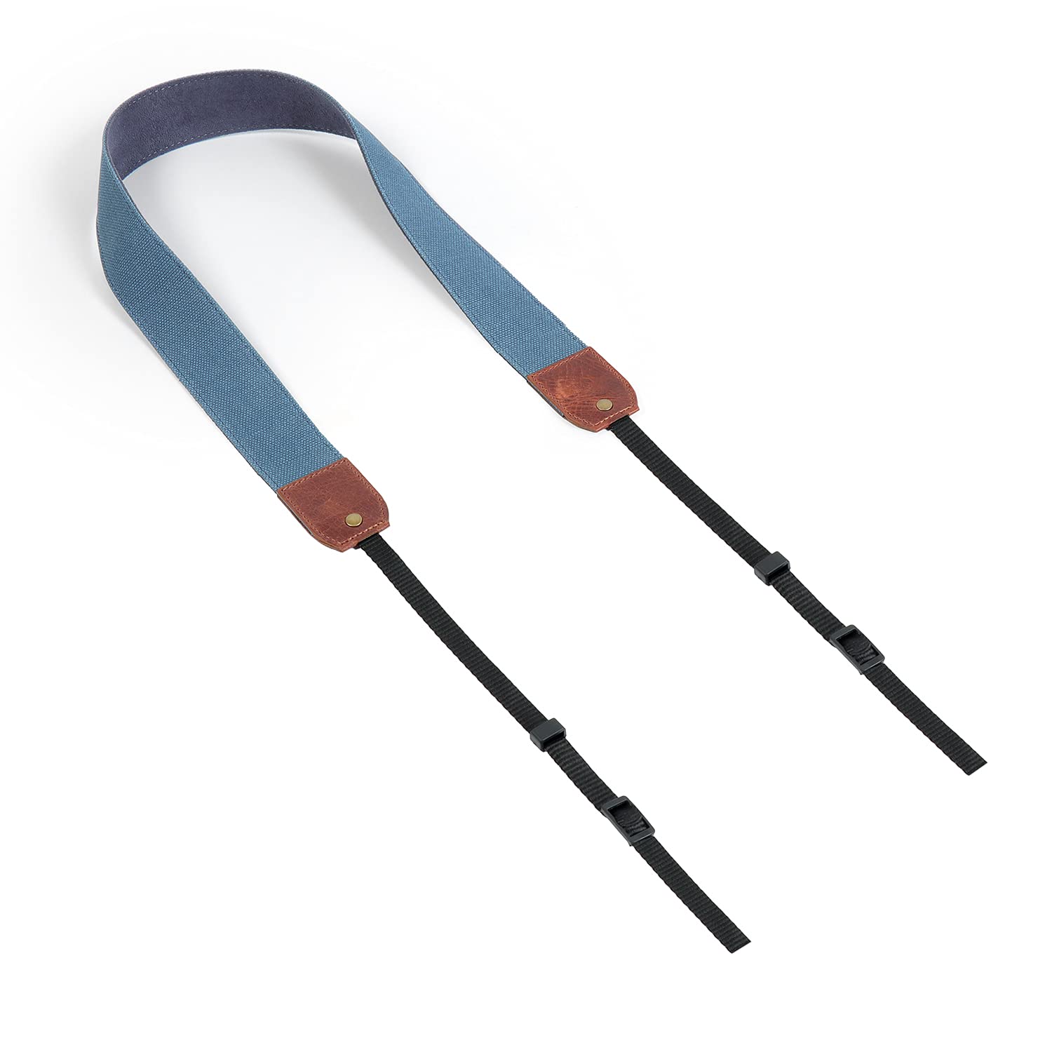 MegaGear Sangle d'épaule ou de Cou réglable en Toile et Cuir véritable (Marron/Bleu)