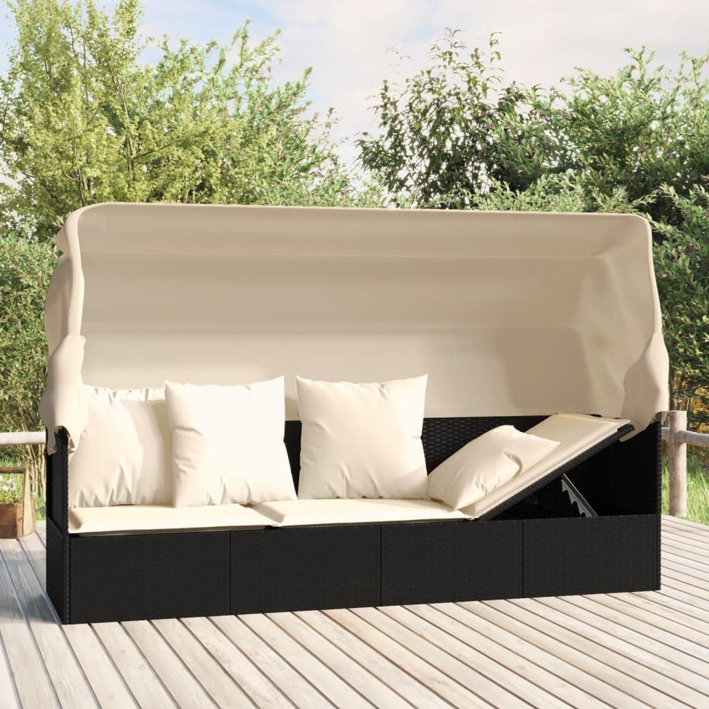 Gartensofa mit Dach und Kissen Balkon Sofa 3 Sitzer Rattansofa Outdoor-Loungebett Tagesbett Liegebank Sofa Gartenliege Liegesofa Multifunktionsliege