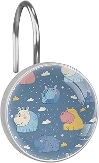 Juego de 12 ganchos de cristal para cortina de ducha, anillos para decoración de baño, lindo hipopótamo colorido