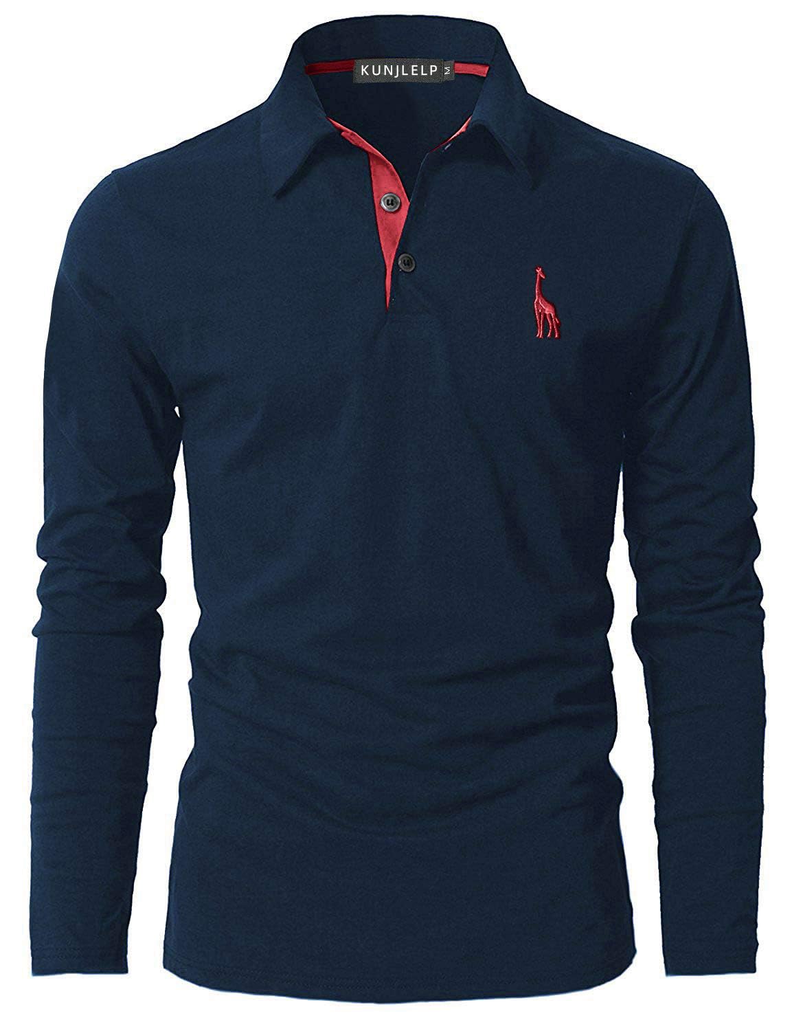 KUNJLELP 100% Cotone Polo da Uomo Manica Lunga Ricamo di Giraffa Maglietta Uniformi Polo da Lavoro per l'autunno e l'inverno
