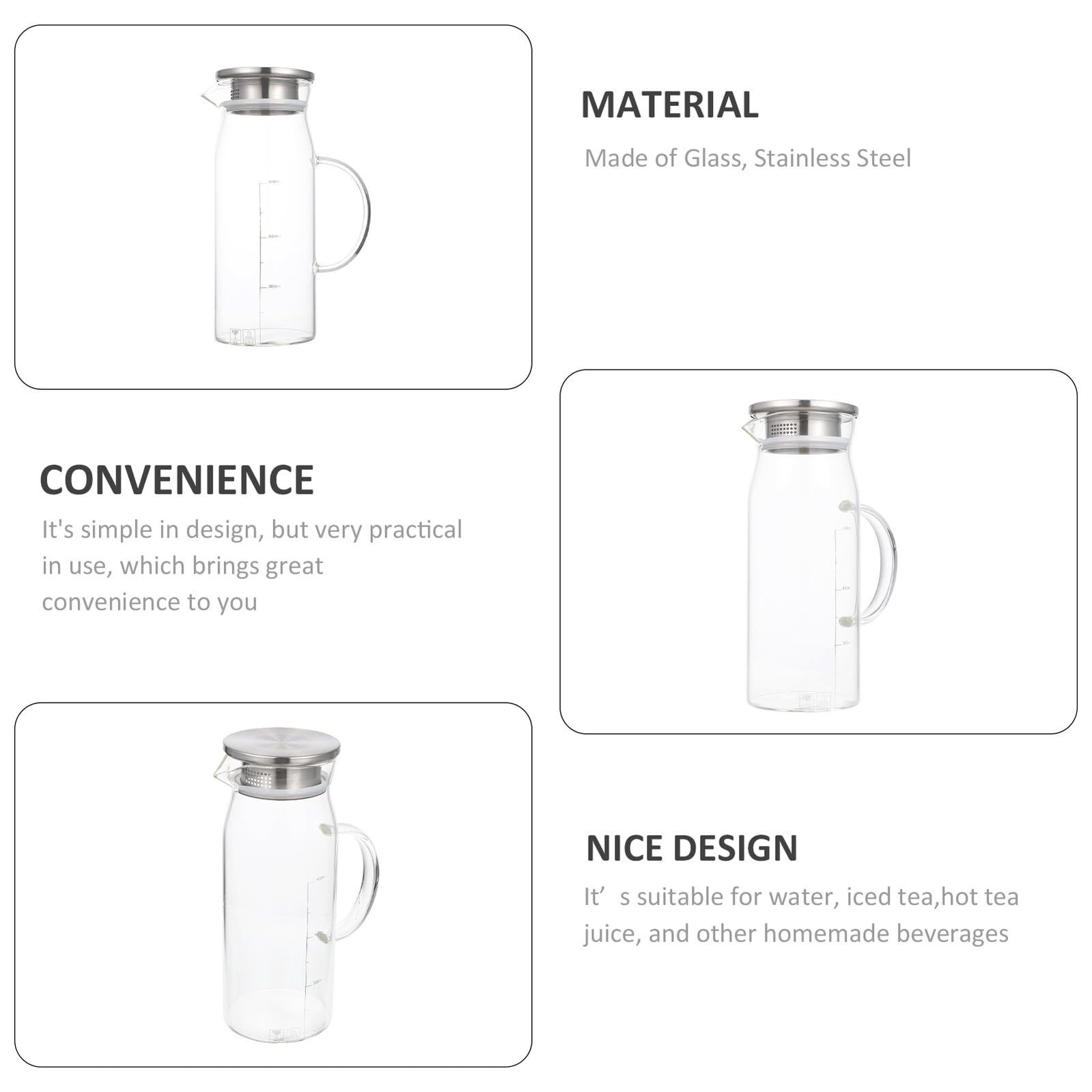 Hitzebeständiger Glas Wasserkrug 1200ml mit Edelstahl Deckel für Wasser | Geeignet für Eistee und Saft, Schlichtes Praktisches Design, Leicht zu Verstauen, für Zuhause