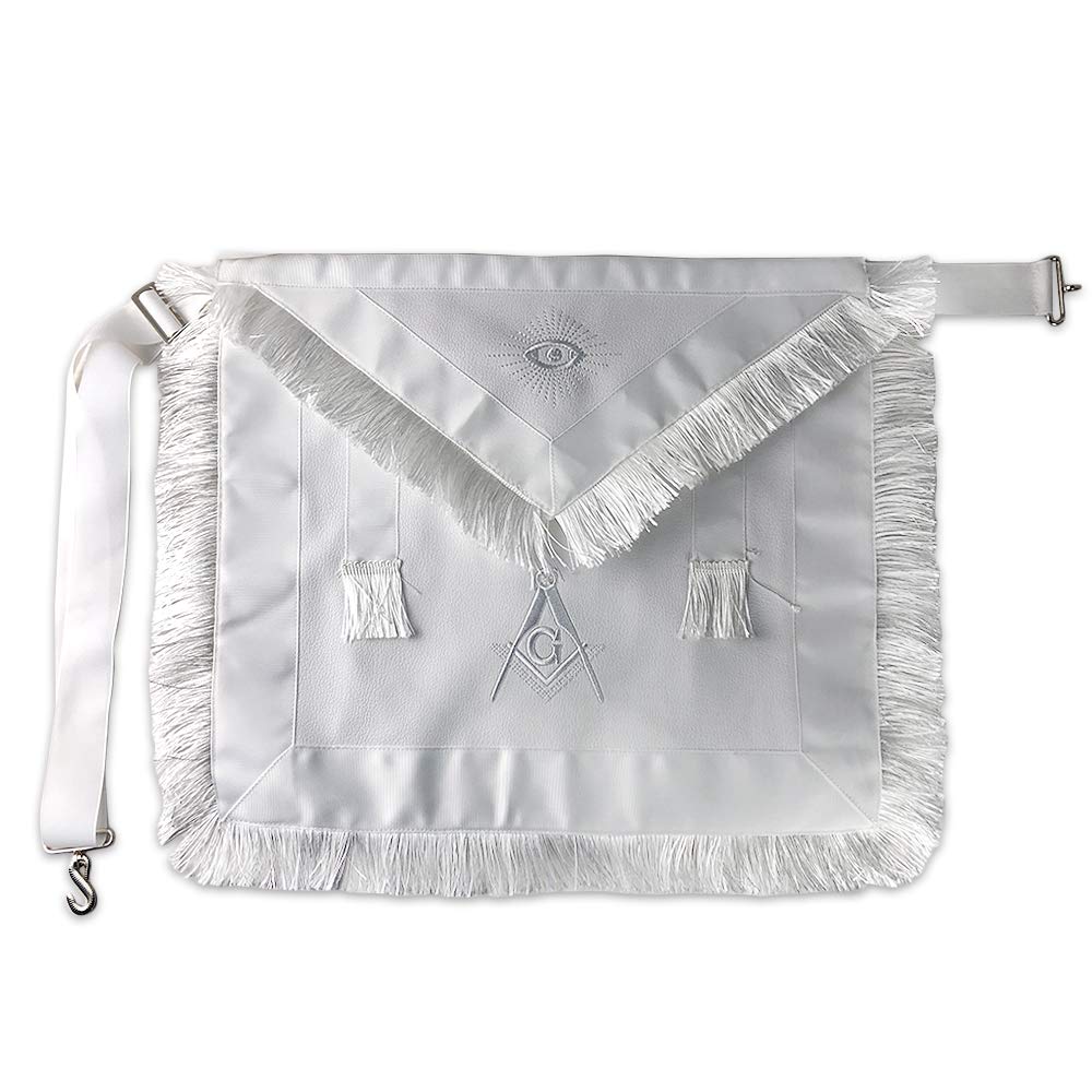 Masonic Apron Synthetic Leather Embroider Square Compass G with White Fringes