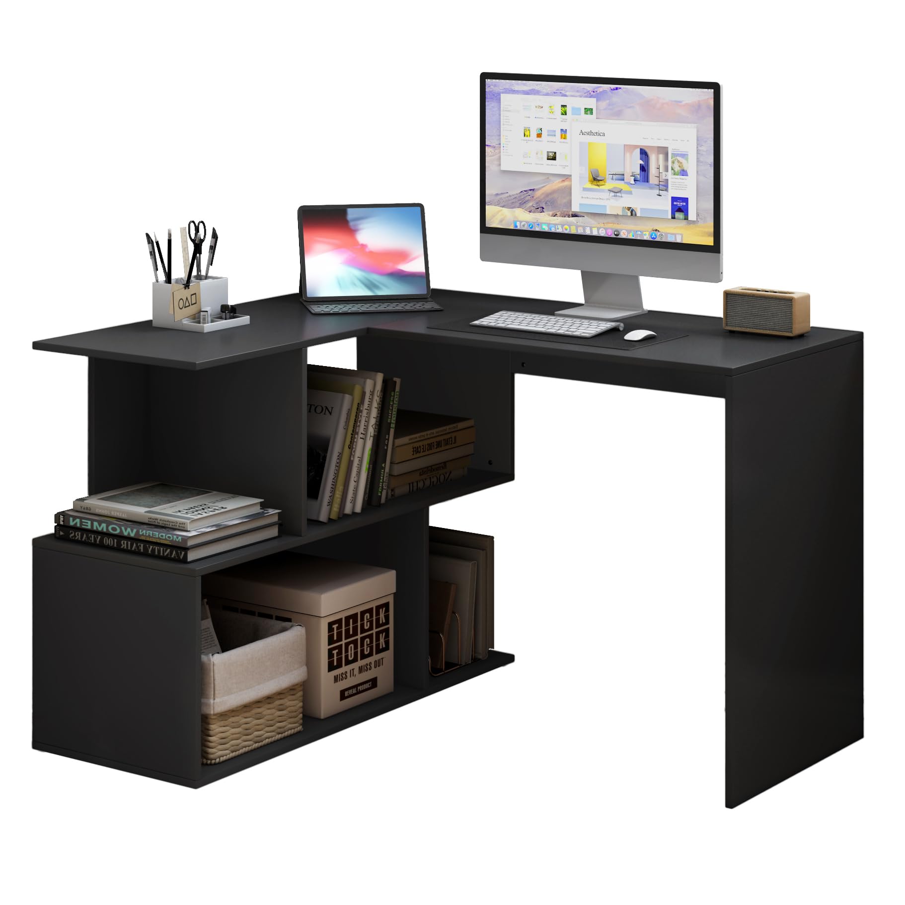 WOLTU Escritorio Esquinero, Mesa Escritorio con Estantería(120x100cm), Escritorio en Forma de L, Escritorio de Computadora, Mesa Ordenador Escritorio, Noir