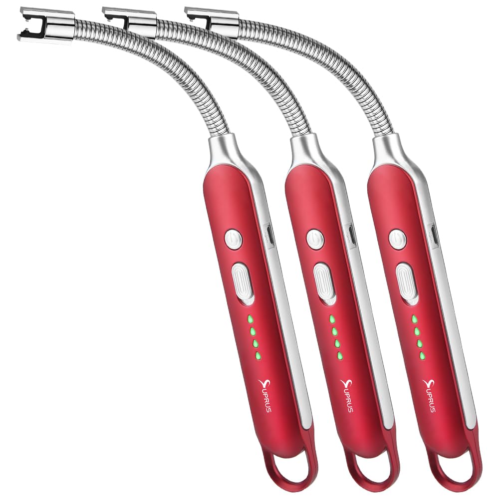 SUPRUS Electric Rechargeable Arc Lighter with LED Battery Display Long Flexible Neck USB Lighter for Candle Cooking Red