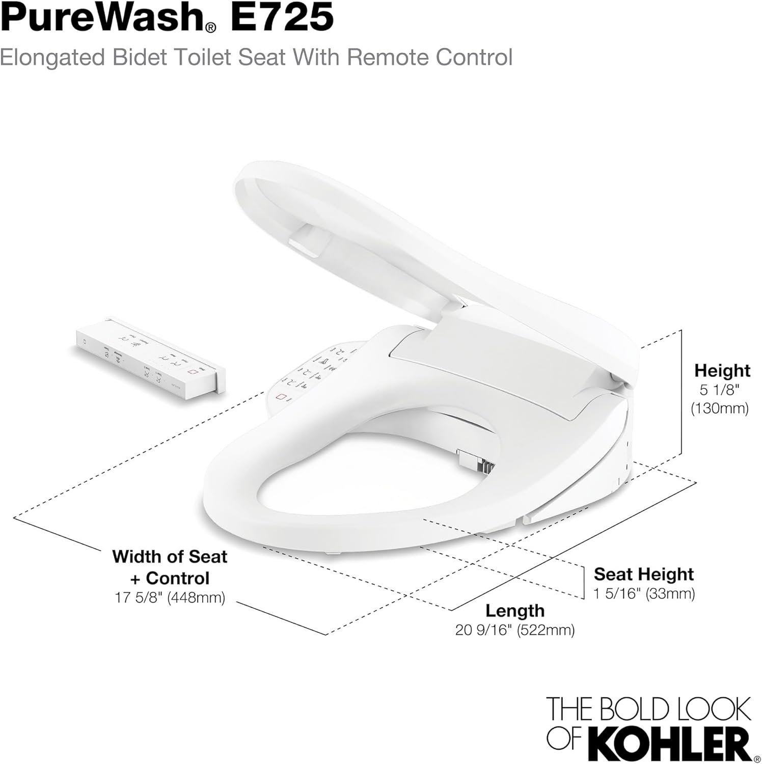 Diagram showing the dimensions of the Kohler PureWash E725 elongated bidet toilet seat with remote control.