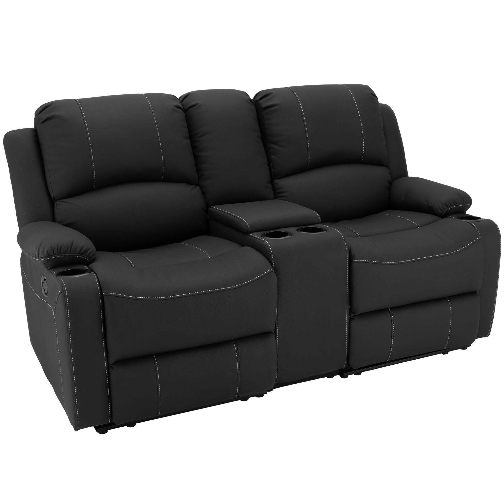 67" Wall Hugger Reclining | RV Theater Seats | Double Recliner RV Sofa & Console | RV Couch | RV Theater Seating | RV Furniture (Manual, Black with White Stitching)