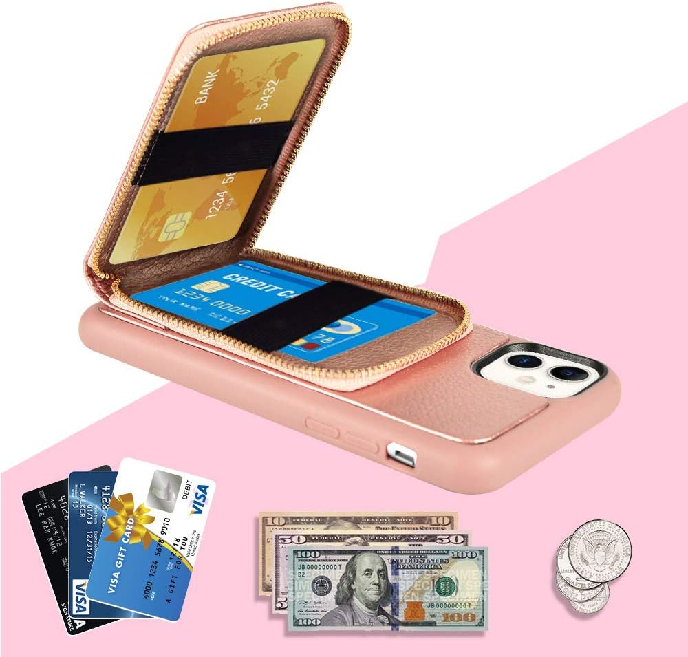 JLFCH Wallet case for iPhone 12 Mini, iPhone 12 Mini Crossbody Case with Zipper Credit Card Holder Wrist Strap Lanyard Purse Protective for Apple iPhone 12 Mini (2020), 5.4 inch - Rose Gold