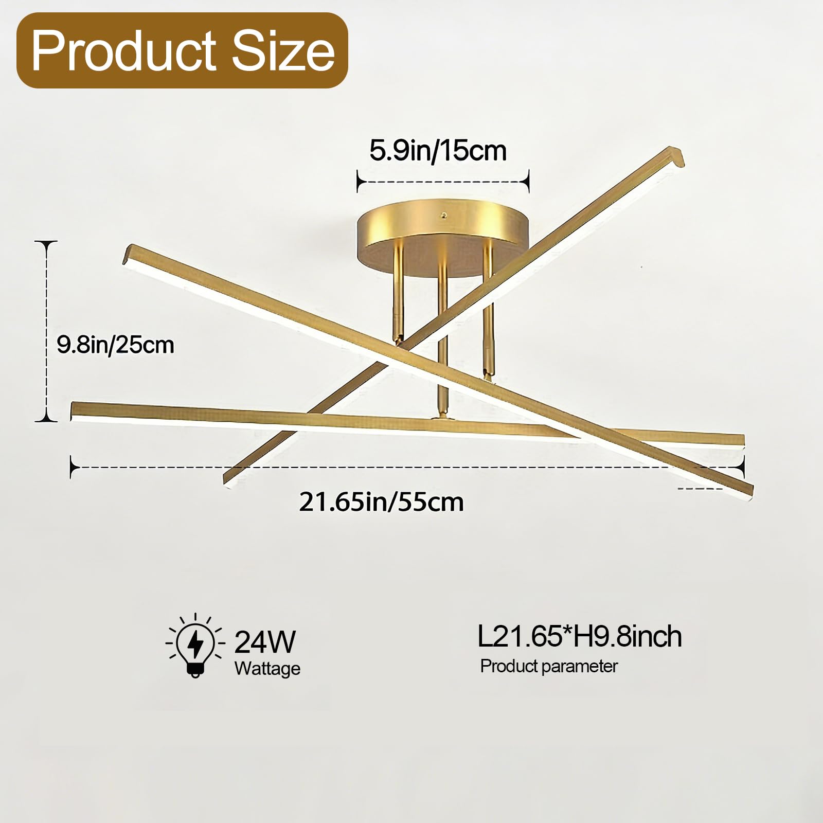 Lámpara de techo LED cruzada 60cm dorada 24W luz blanca cálida 3000K, plafón minimalista 2400lm para salón cocina comedor pasillo oficina