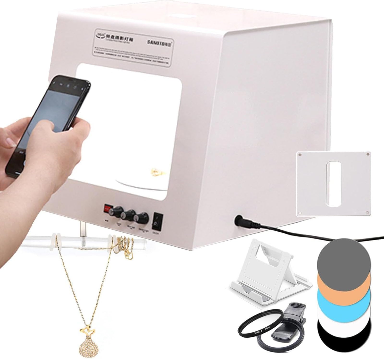 Lbxlhr Professional Mini Jewelry Photo Studio Photography Light Box Softbox Built-in 360°Rotating Turntable,3000-5500k Color Temperatur 5 PP Backdrops for Jewelry Photography Video(TB200)