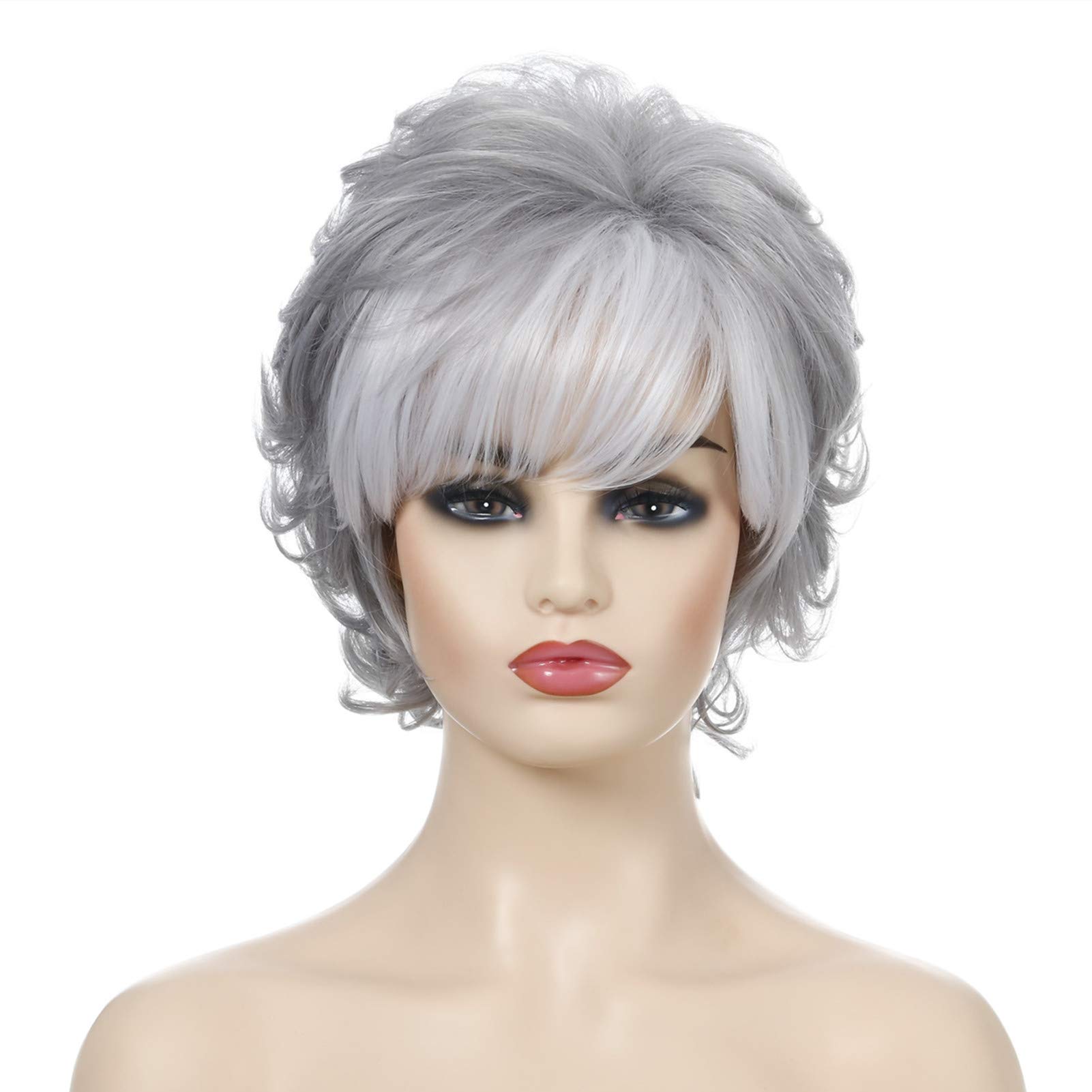 XINNI 11 Inch Women’s Short Pixie Cut Wig Silver With Bangs Ladies Curly Fluffy Hair Synthetic Wig for Women with Wig Cap Included