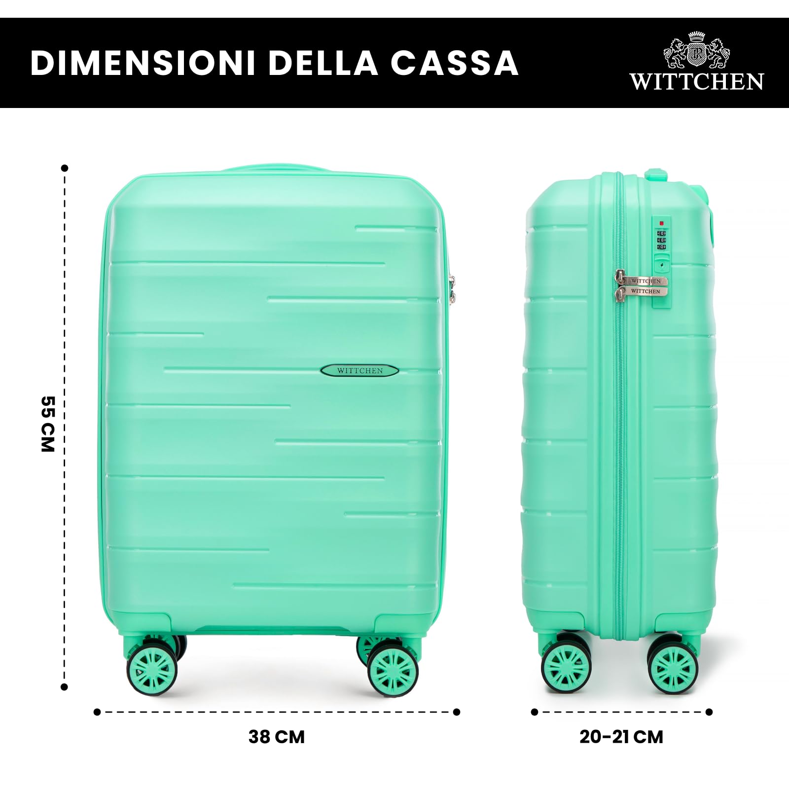 WITTCHEN ARCO Line | Trolley da cabina Bagaglio a mano Valigia piccola | Bagaglio leggero Polipropilene Lucchetto TSA Manico telescopico | 4 ruote piroettanti | Verde