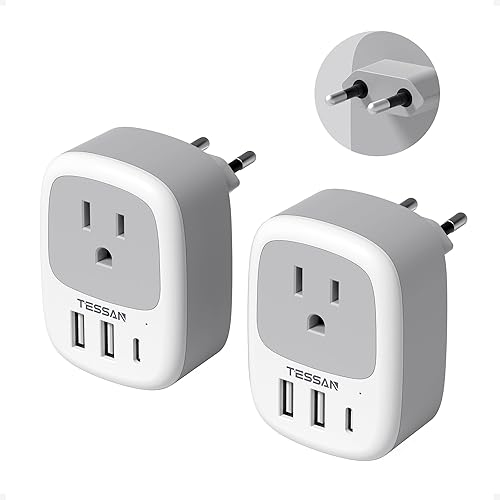 TESSAN - Paquete de 2 adaptadores de enchufe de viaje europeos, adaptador de enchufe TESSAN de Estados Unidos a Europa con 3 puertos USB (1 USB C),