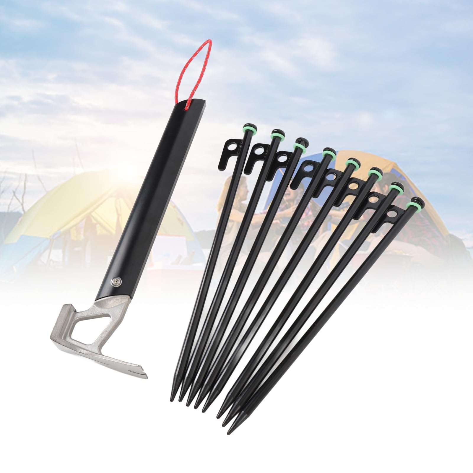 Piquets de Tente Camping Corde Haubans Léger Durable Multiusage Équipement de Plein Air pour Camping Randonnée Sac à Dos Alliage d'Aluminium Marteau en Acier Inoxydable 30cm 8pcs (Kaki)