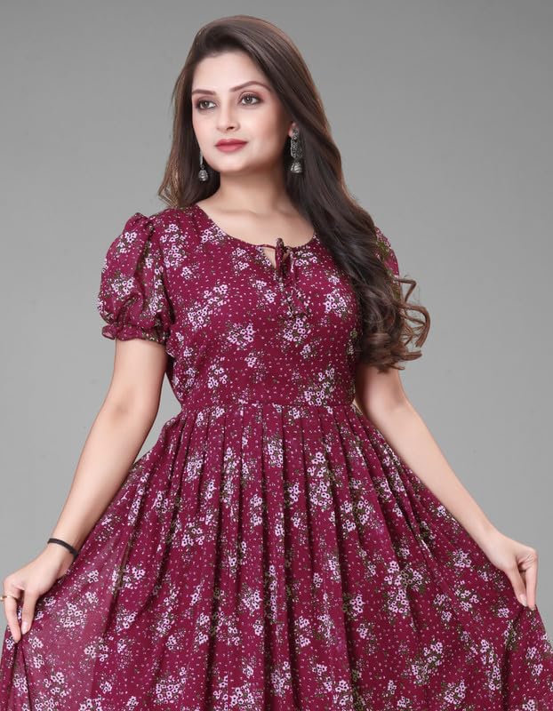 Image of Women's Printed Georgette Regular Fit Round Neck Short Sleeve Fancy Flare Long Dress