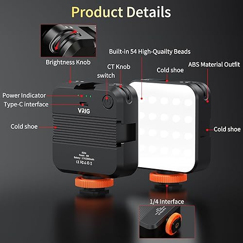 Miniatura 6 de VRIG VL100C - Luz de video LED bicolor en cámara, mini luces LED recargables de 2000 mAh, CRI95+ regulable 2500-6500K iluminación ultra brillante