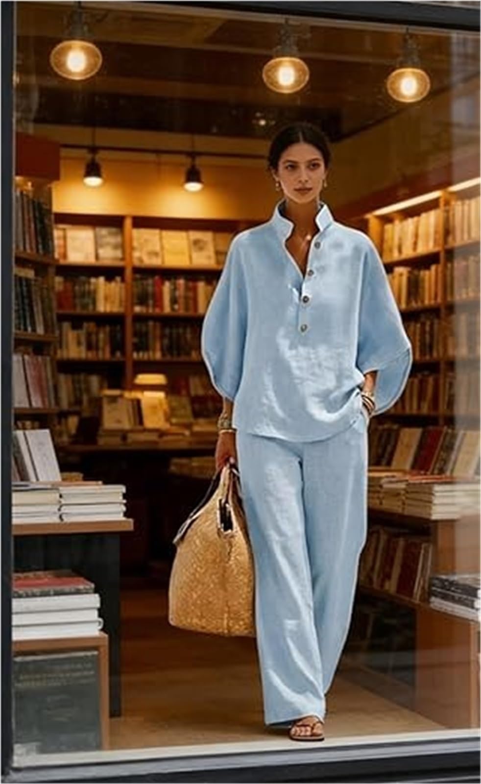 Ensemble Deux PièCes En Lin Et Coton à Manches Ensemble deux pièces en coton et lin à manches chauve-souris for femmes, chemise décontractée pantalon jambes larges