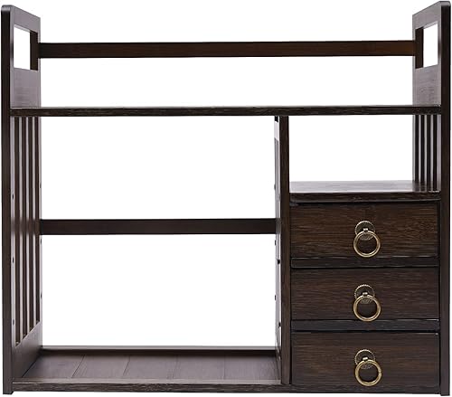 Miniatura 4 de Estantería de escritorio de bambú, organizador retro de escritorio de oficina para escritorio, con 3 cajones, estante de exhibición de doble capa