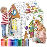 ArtCreativity Gingerbread House Craft Kit for Kids with 24 Butter Crayons - Black and White Gingerbread Cardboard Playhouse to be Colored - Mess-Free Coloring Fun Kids Christmas Activities Ages 3-9