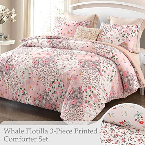 Whale Flotilla 3-Piece Queen Comforter Set, Soft Reversible Full Size Bedding Comforter Sets, Patchwork Printed Down Alternative Comforter Duvet For All Seasons, Pink #TOP1
