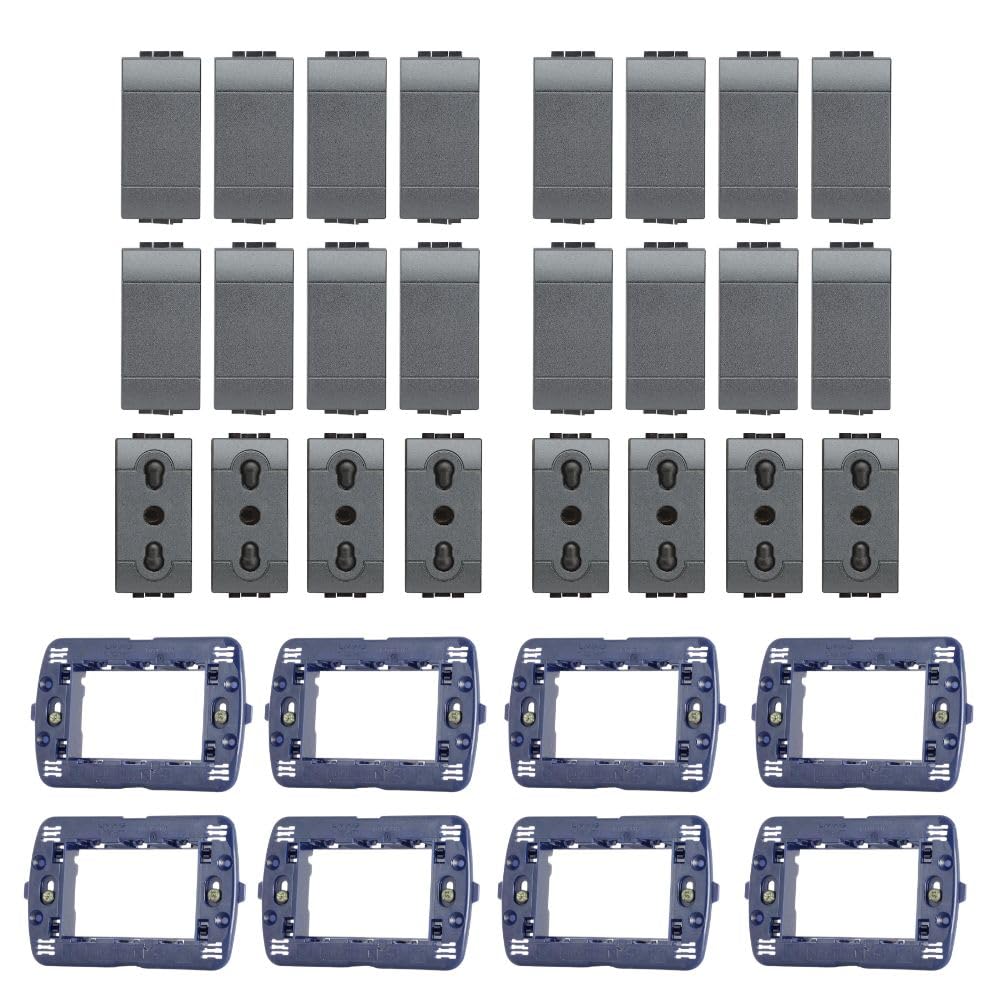 Prese Interruttori Deviatori Copriforo Supporto Telaio 3 Posti Bticino Serie Living Grigio Antracite per Impianti Elettrici (8 Supporti, 8 Prese, 16 Copriforo)