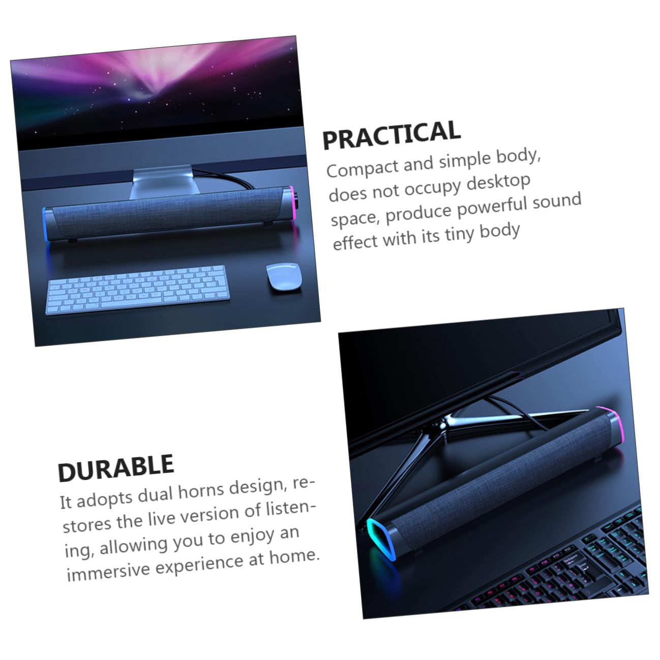 Ciieeo Soundbar per Esperienza Audio Immersiva Nero Doppio Altoparlante Cablato Potenza 6w, Design Compatto per Computer e Tablet a Casa o Gioco