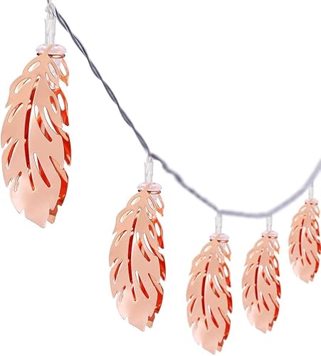 Vista 16 de Guirnalda de luces LED de plumas de oro rosa, farol de hojas de metal, funciona con pilas, luces de hadas para dormitorio, decoraciones de boda