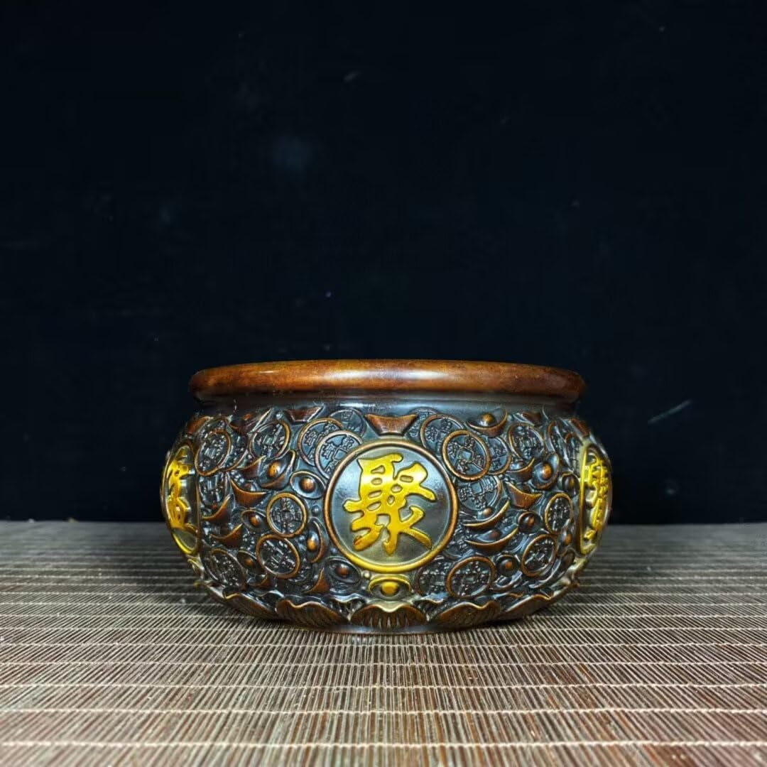 Dytartzx 9* Pure Copper Treasure Bowl Statue, Feng Shui Wealth Bowl Cornucopia, Home Office Decor Good Luck Figurine For Prosperity Fortune Collection