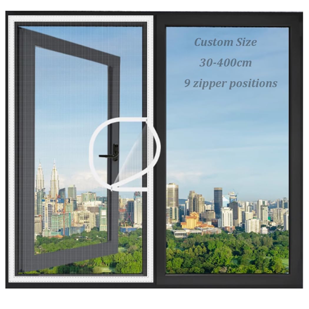 Fly Screen for Windows with Zipper Opening,Custom Size Self-Adhesive Netting Fly Screen Anti-Mosquito Insect Window Mesh Net,Cat Proof Window Screens