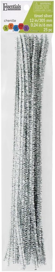 Silver Tinsel Chenille Stems 12 Inch, 6mm Bendable Craft Pipe Cleaners for DIY Projects, Dolls, Ornaments, Decorations, 25 Pack