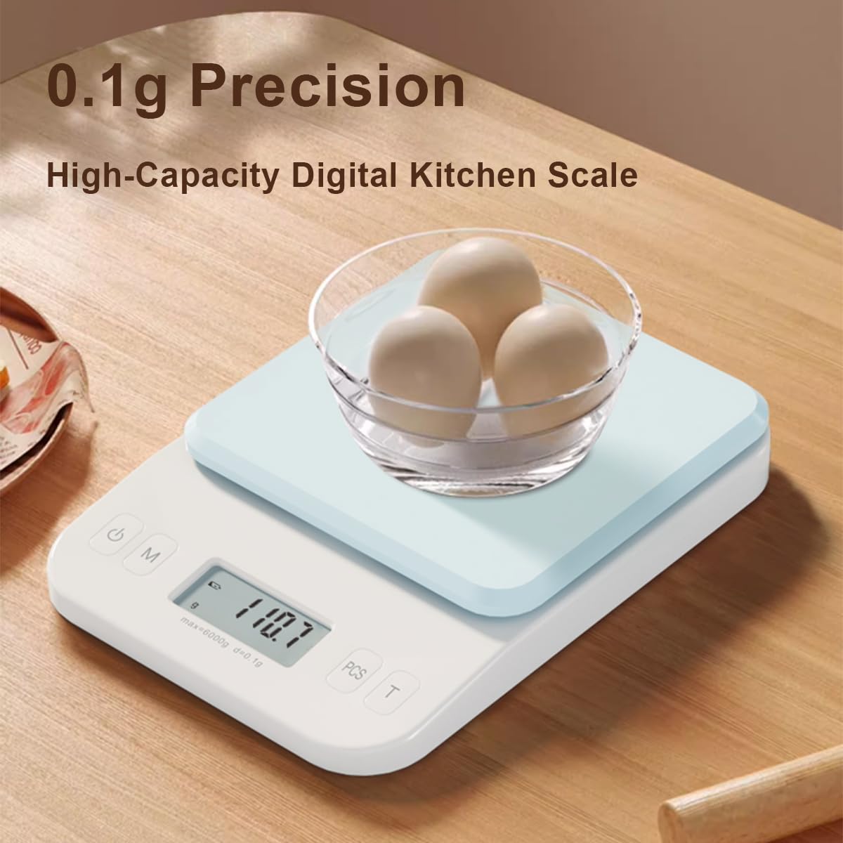 YRY White Elf Pro - Báscula digital de cocina de 6 kg/0,1 g, báscula para hornear ultra precisa con pantalla LCD retroiluminada, función de tara, conversión de 9 unidades, perfecta para café, hornear