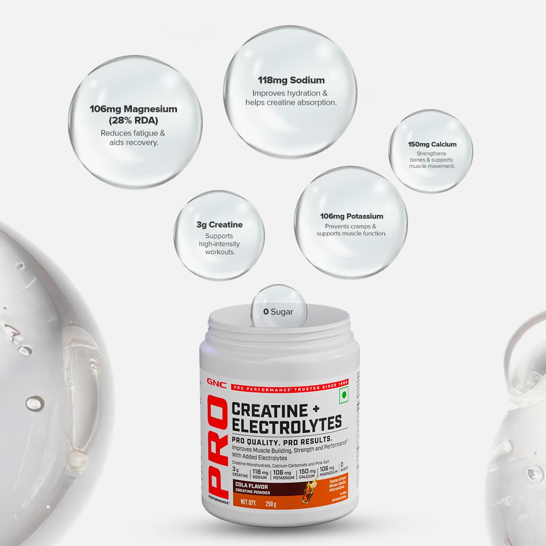 GNC Creatine+ Electrolytes | 3g Creatine Monohydrate + Sodium, Potassium, Calcium, Magnesium | Boosts Muscle Growth, Hydration, Energy & Recovery | Zero Sugar | 100% Veg | 250g | Lemon - Image 6 thumbnail