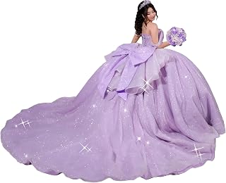 Off Shoulder Quinceanera Dresses Luxury Ruffle Tulle Sweet 15 16 Dress with Bow Sparkly Ball Gown with Train