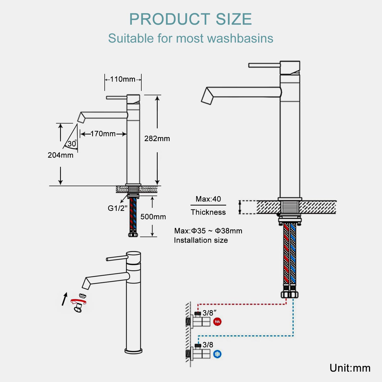Ulytid Rubinetto per Lavabo Alto, Miscelatore per Lavabo in Cromo, Rubinetto per Il Bagno Con Rotazione a 360°, Altezza Del Beccuccio 204mm, Miscelatore Monocomando