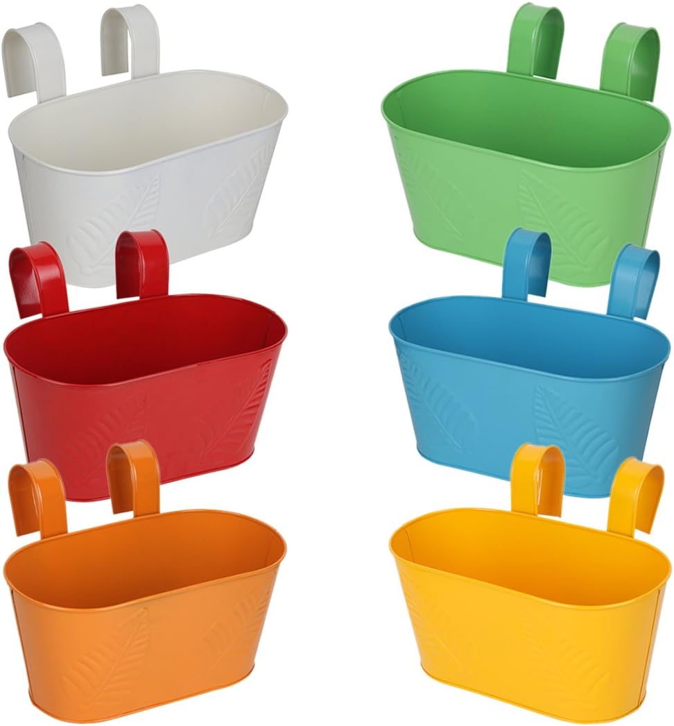Wonderland 12 Inches Railing Planter With Detachable Railing Handle & Wall Hook Behind (White, Red, Yellow, Blue, Green & Orange Color, Pack Of Six)