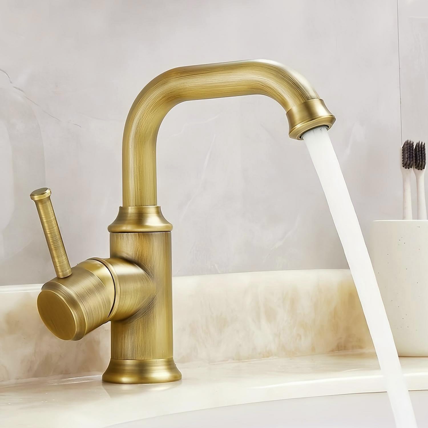 Wasserhahn Bad Antik Messing, Retro Waschtischarmatur | Vintage Einhebel Mischbatterie Waschbecken, 360° Schwenkbar, Kalt-und Warmwasser, Keramikkartusche, G3/8 für Badezimmer