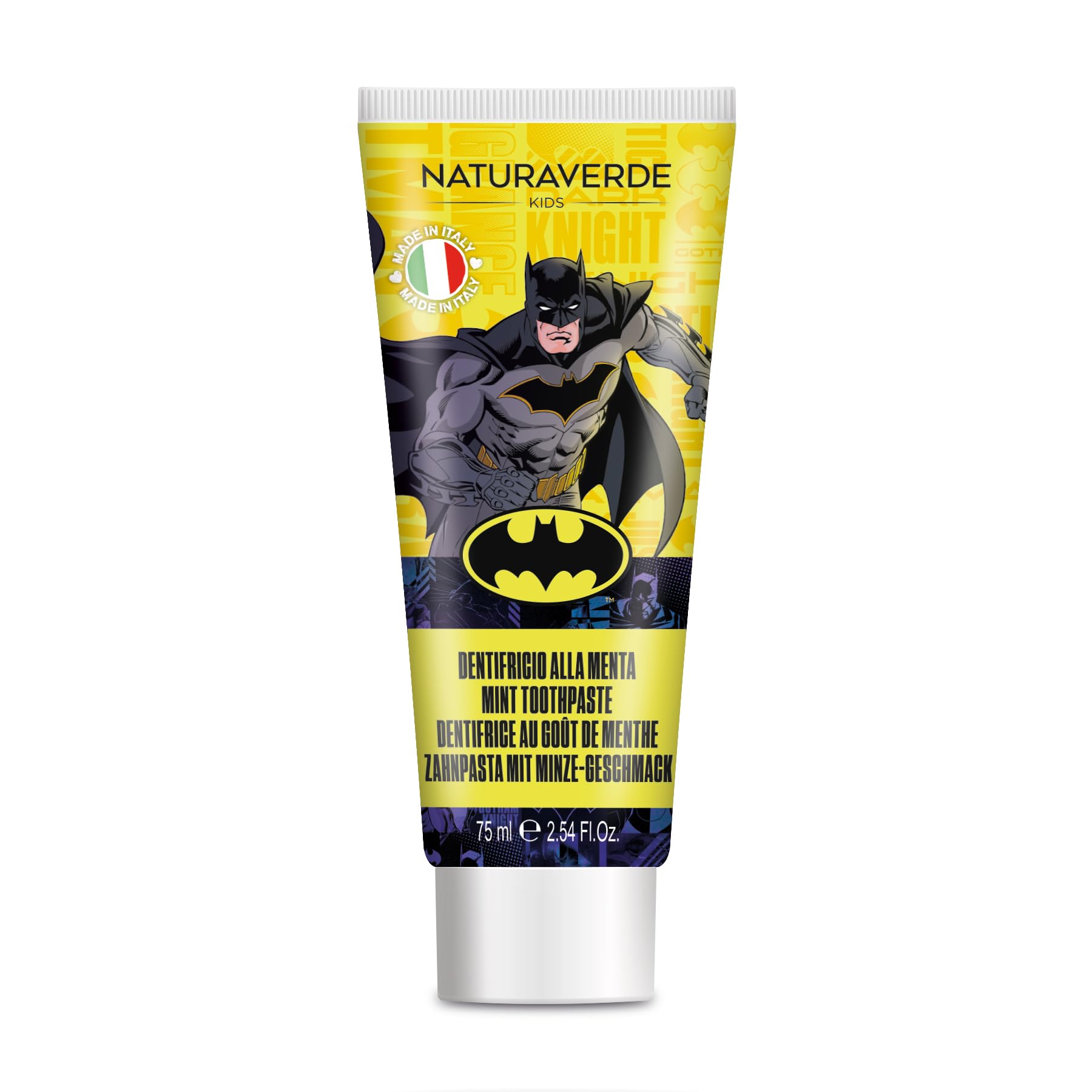 NATURAVERDE Kids -BATMAN Dentifricio Bambini Gusto Menta Dolce 75ml, Formula Delicata per Bambini, Previene le Carie