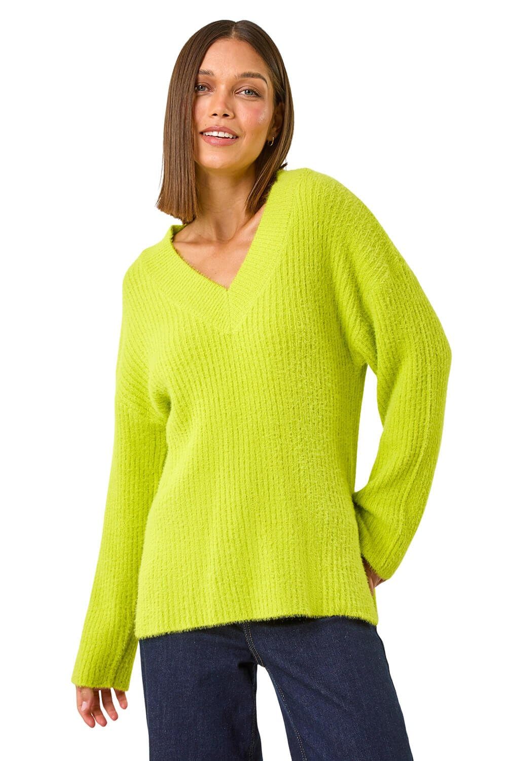 Roman Originals Plain V-Neck Fluffy Knit Jumper for Women UK - Ladies Everyday Autumn Winter V-Neckline Comfy Soft Evening Vacation Work Party Night Out - Lime - Size 20