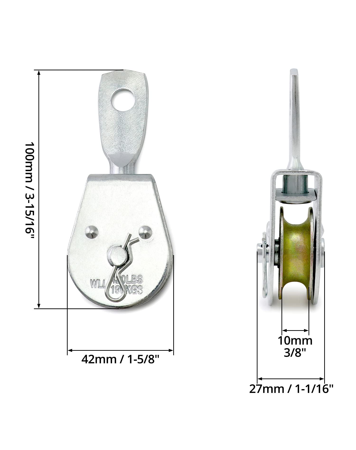 QWORK Rueda de bloque de polea individual, paquete de 8 ruedas individuales de hierro chapado en zinc resistente, bloque de polea de cuerda de elevación giratorio de 360 grados, capacidad de carga de