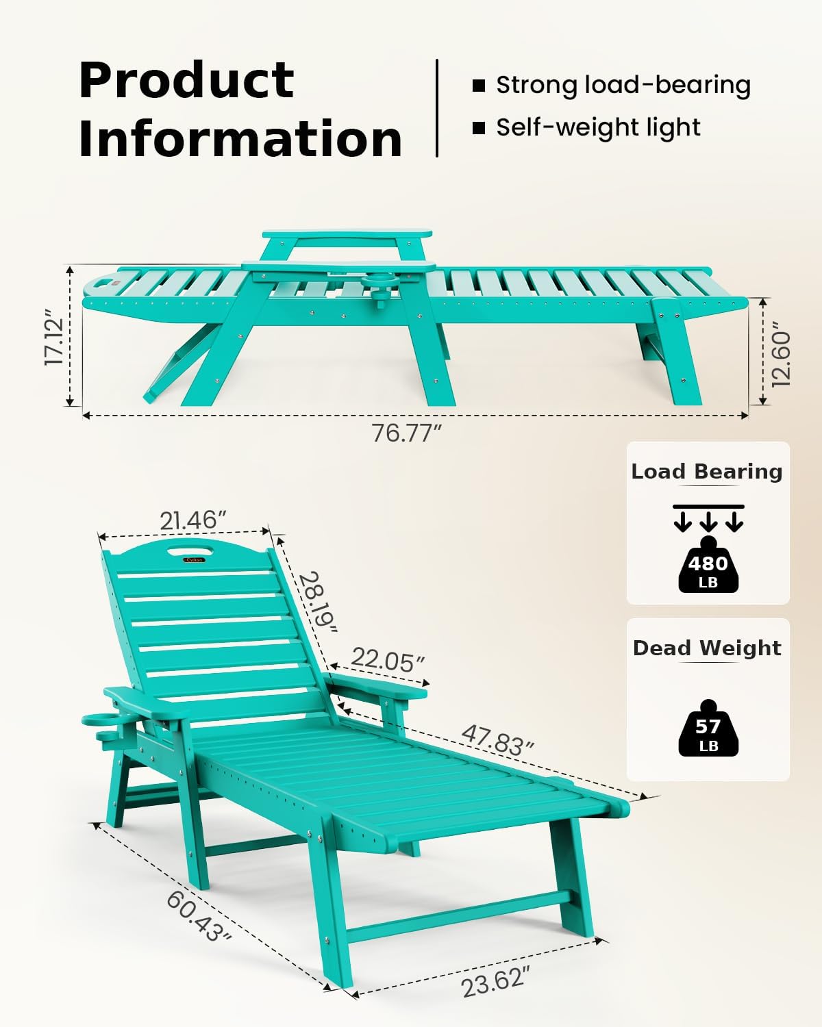 Chaise Lounge Outdoor with 6-Position, Oversized Patio Lounge Chairs with Cup Holder in HDPE, Lounge Chair for Outside Beach Pool, 480LBS, Lake Blue