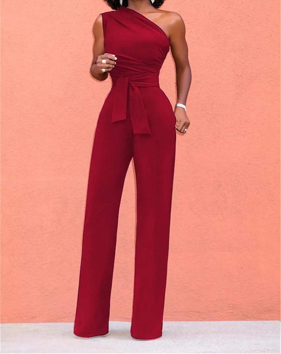 Yeuyyben Mono de pierna ancha con un hombro para mujer, sin mangas, elegante, casual, para fiesta de verano
