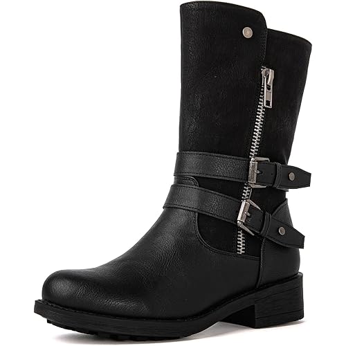 GLOBALWIN Women's Fall Fashion Biker Boots Mid Calf Boots For Women Low Heel