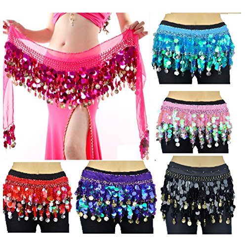 Image of VRITRAZ Women's Chiffon Belly Dance Hip Scarf Waistband Belt Skirt Mixed Colors Beads and Golded Coins 56 Black