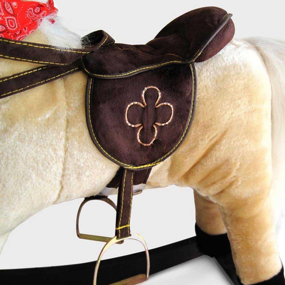 BAKAJI Cavallo a Dondolo per Bambini con Suoni Realistici, Animale che Nitrisce e Muover la Bocca, Pony Beige con Struttura in Legno e Rivestimento in Morbido Tessuto, Gioco Idea Regalo