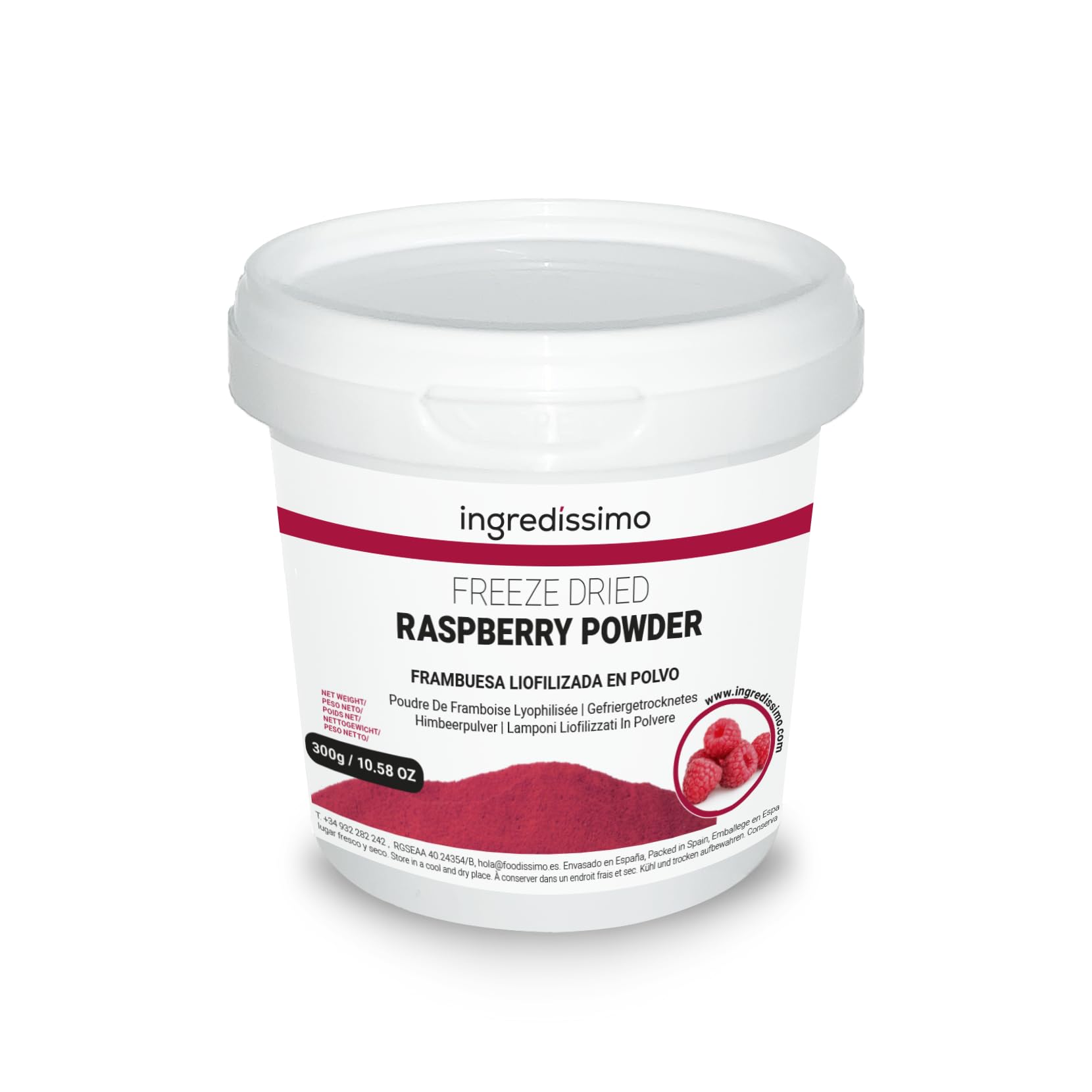 Ingredíssimo - Frambuesa Liofilizada en Polvo 300g | 100% Fruta | Vegano, Sin Azúcar Añadido | Sabor Intenso y Color | 100% fruta, sabor intenso y color natural, batidos, uso alimentario, profesionales y aficionados, sin azúcar añadido
