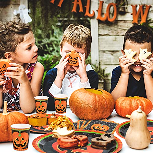 Whaline 96Pcs Halloween Party Dinnerware Set Orange Black Pumpkin Themed Paper Plates Cups Napkins Halloween Disposable Tableware Party Supplies For Spooky Themed Party Birthday, Serves 24 Guests #TOP5
